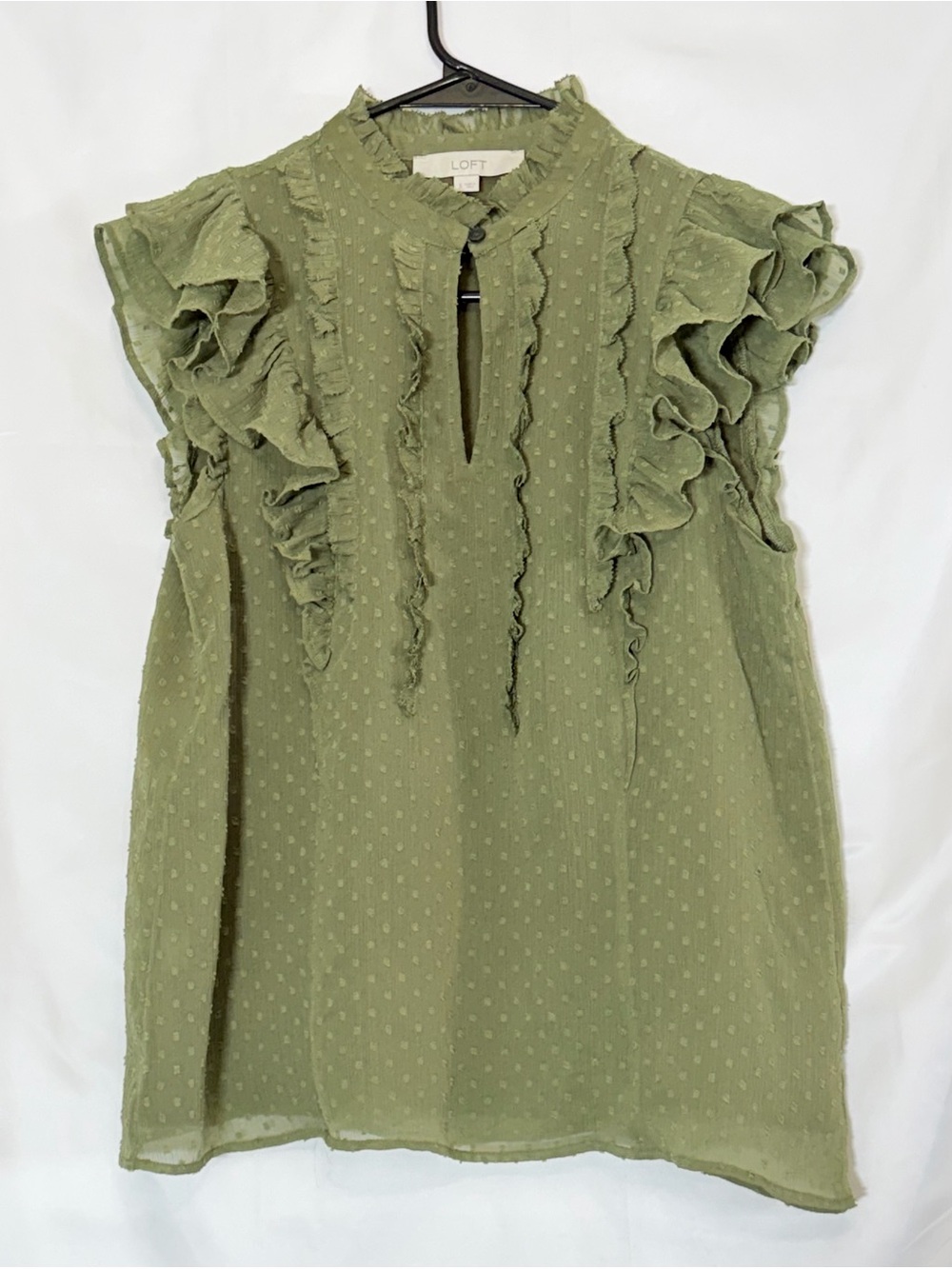 LOFT Olive Green Swiss Dot Ruffle Sleeve Blouse Size S